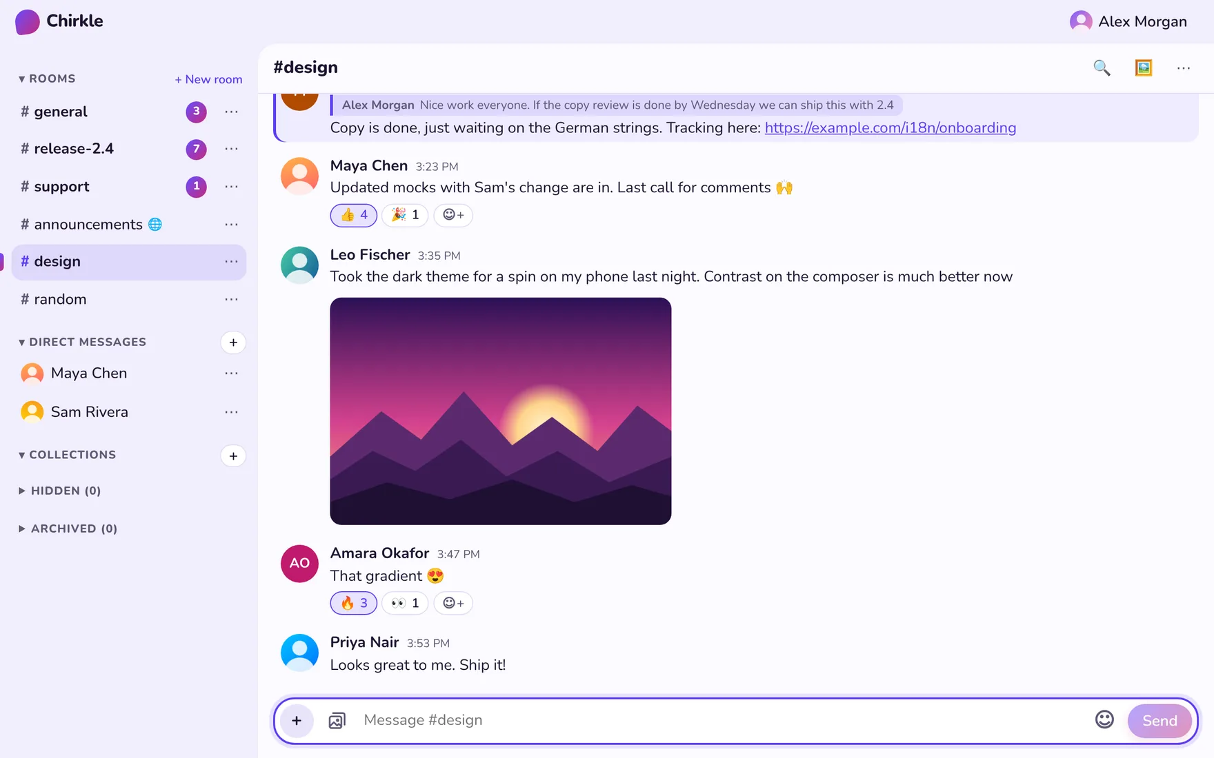 A room in Chirkle: the room list with unread counts on the left; messages with avatars, a reply, a photo and emoji reactions on the right